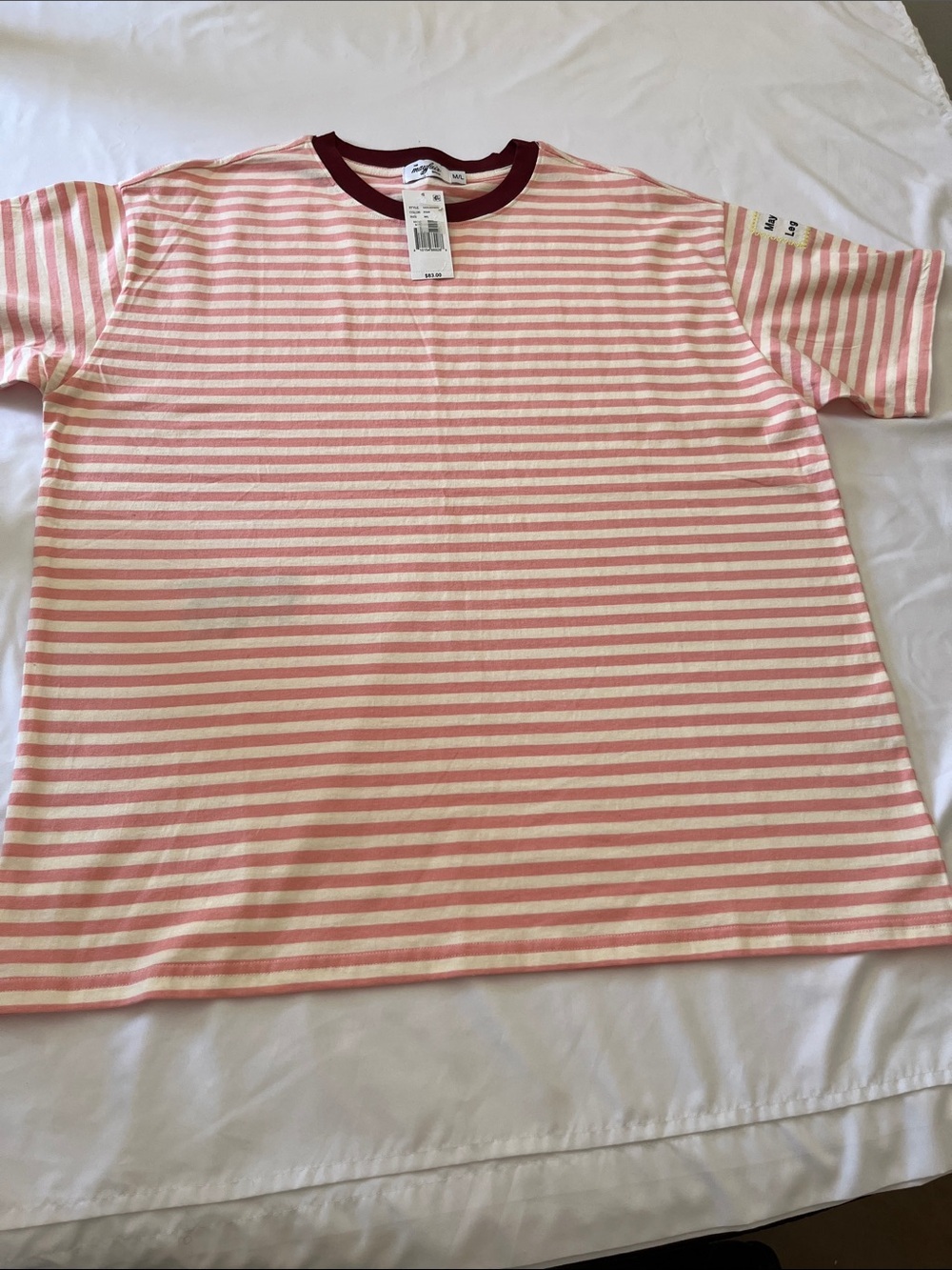 Striped Pink & White Tee with Maroon Collar